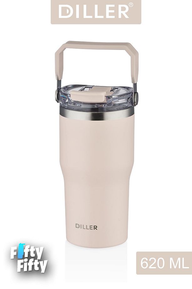 DILLER 620 ML Tek Kapak Çift Kullanım Pipetli/Pipetsiz Taşıma Kulplu Mug/Çelik Termos-FFDILLERD9168 - 1