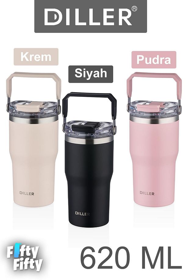 DILLER 620 ML Tek Kapak Çift Kullanım Pipetli/Pipetsiz Taşıma Kulplu Mug/Çelik Termos-FFDILLERD9168 - 4