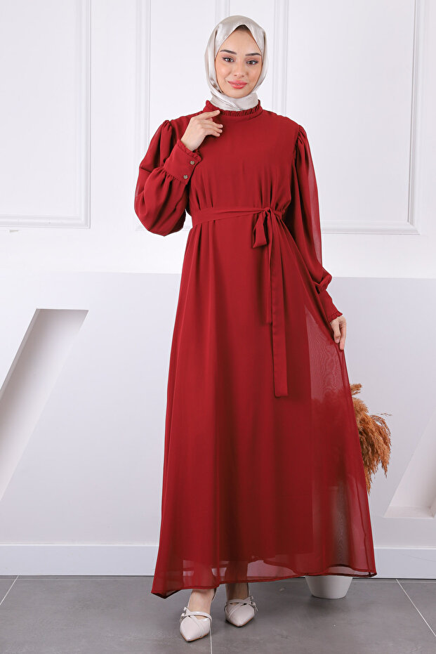 Burgundy Collar Ruffled Belted Chiffon Dress