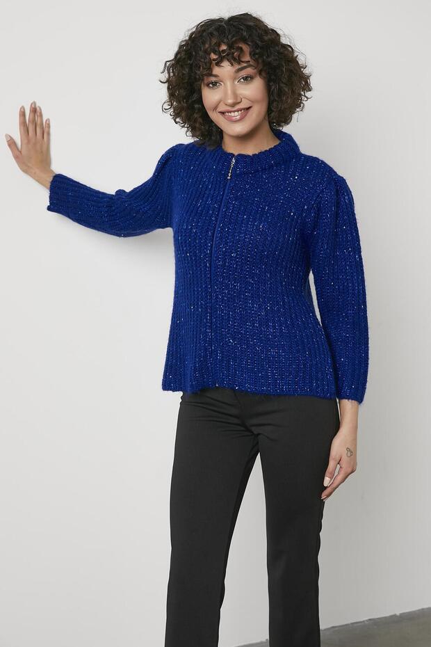 Pullu Fermuarlı Triko Hırka - Saks - 5