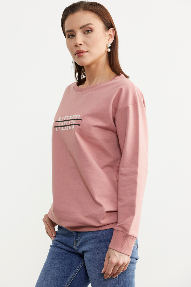 Sıfır Yaka Oversize Sweatshirt - Gül Kurusu - 4