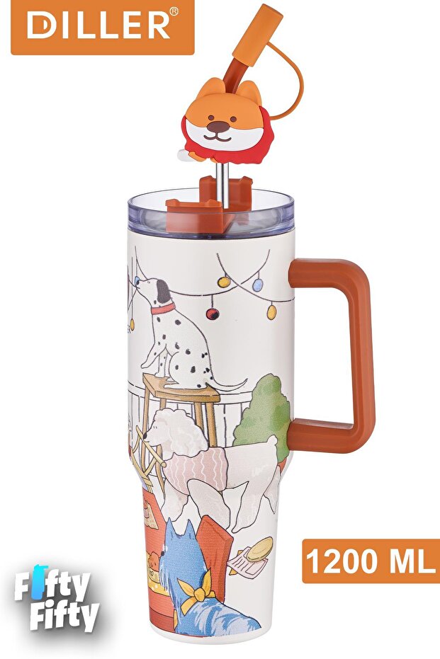 Diller Quencher Cup 1200 ml Stainless Steel Thermos with Straw/Comfortable Drinking Handle -Ffdillerd9222