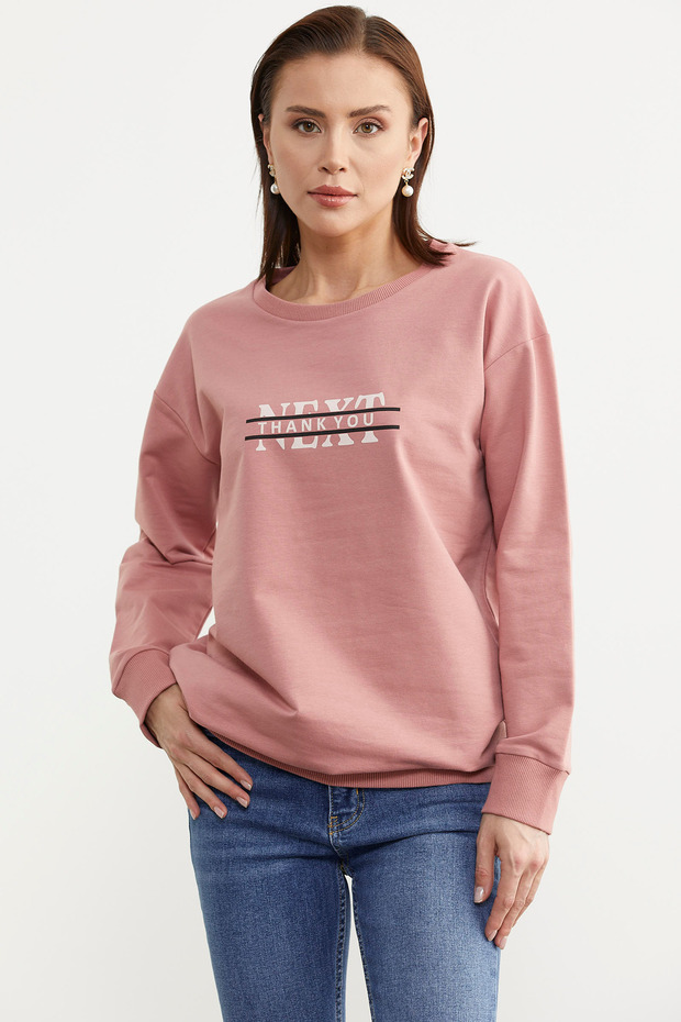 Sıfır Yaka Oversize Sweatshirt - Gül Kurusu - 3