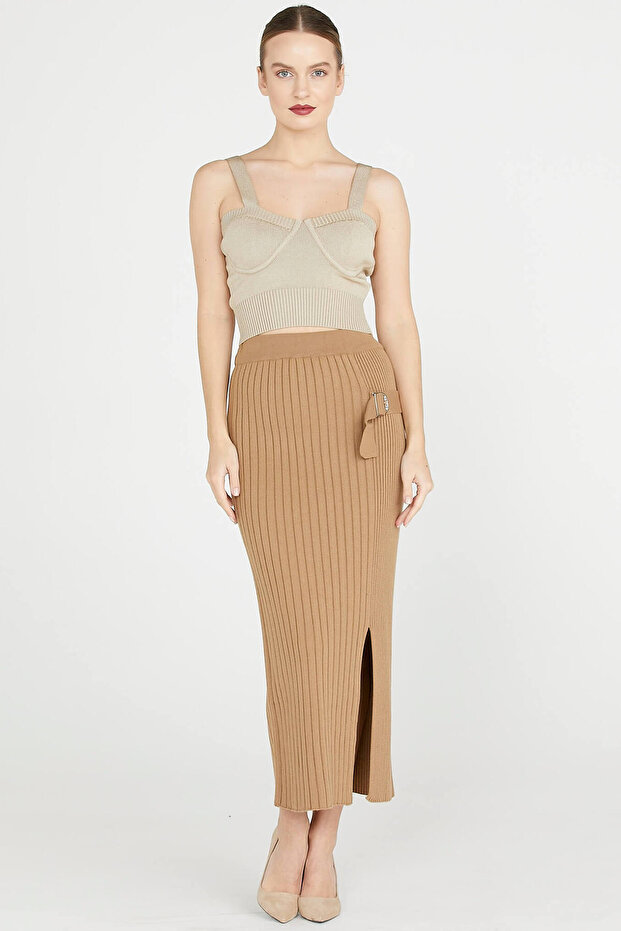 Diz Altı Tokalı Triko Etek - Kamel - 1