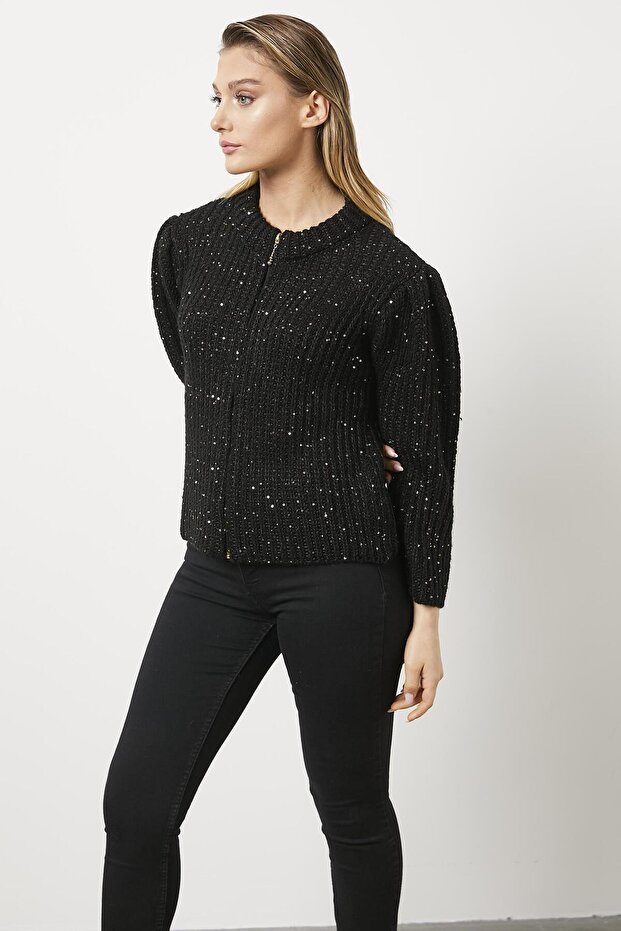 Pullu Fermuarlı Triko Hırka - Siyah - 2