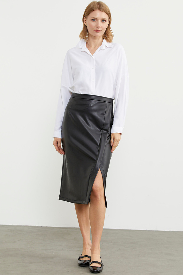 Suni Deri Önden Yırtmaçlı Etek - Siyah - 1