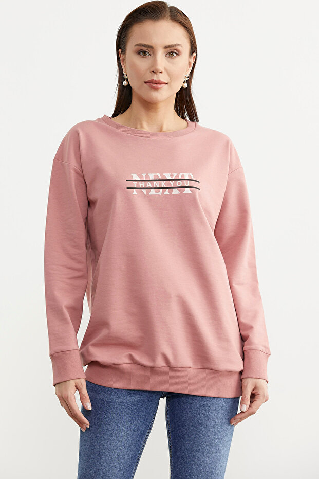 Sıfır Yaka Oversize Sweatshirt - Gül Kurusu - 1