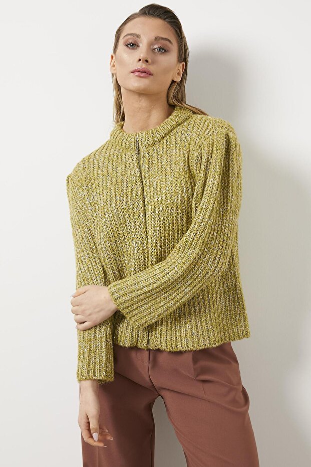 Pullu Fermuarlı Triko Hırka Hardal - 2