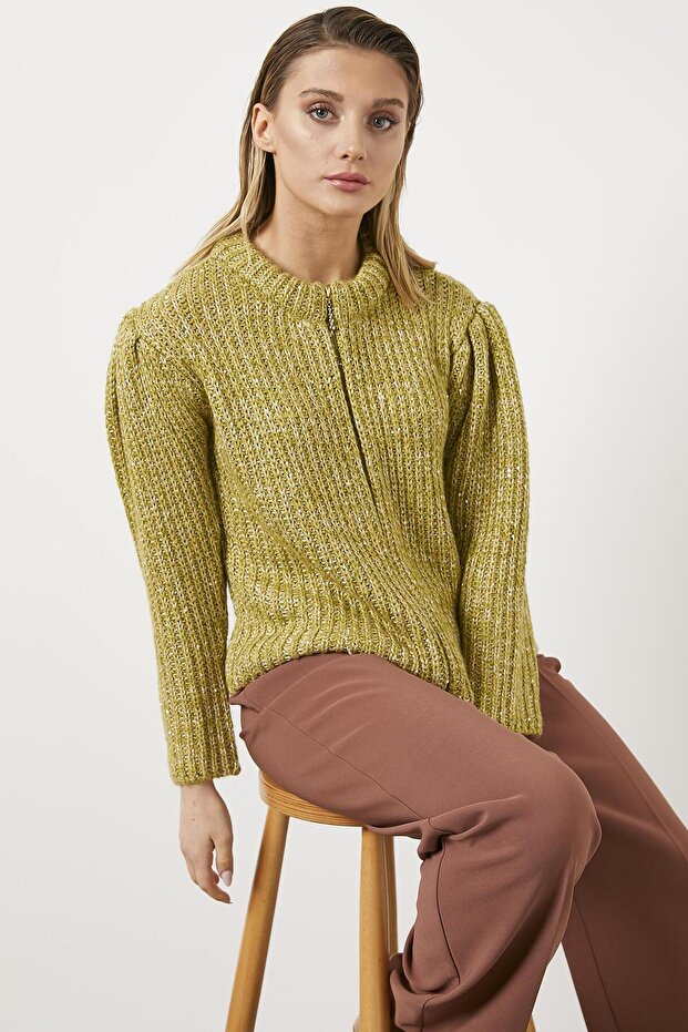 Pullu Fermuarlı Triko Hırka Hardal - 5