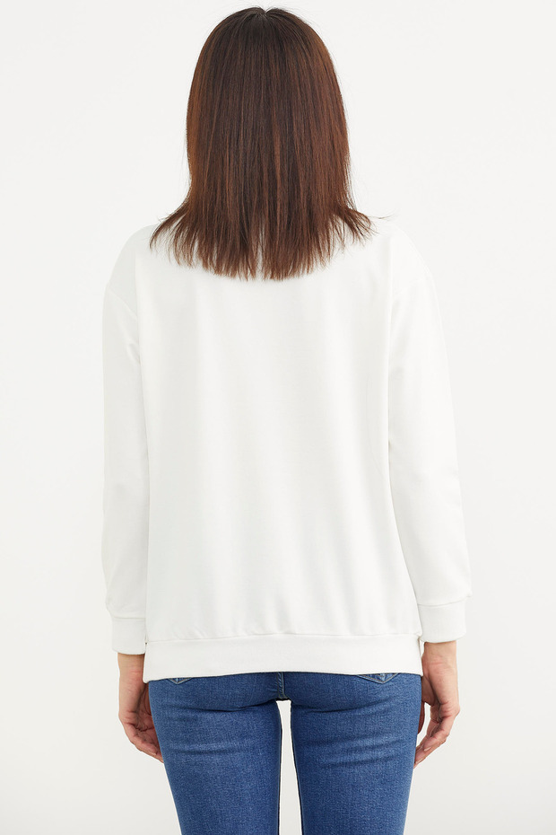 Sıfır Yaka Oversize Sweatshirt - Ekru - 5