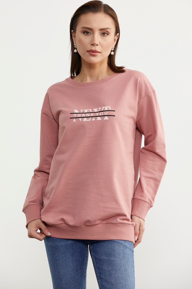 Sıfır Yaka Oversize Sweatshirt - Gül Kurusu - 2