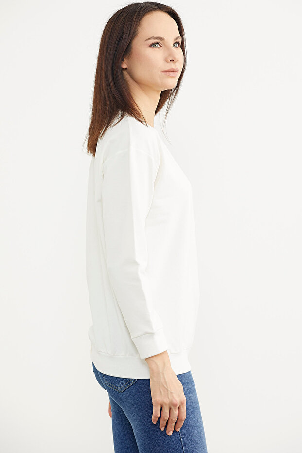 Sıfır Yaka Oversize Sweatshirt - Ekru - 4