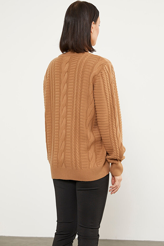 Sıfır Yaka Düğmeli Triko Hırka - Kamel - 6
