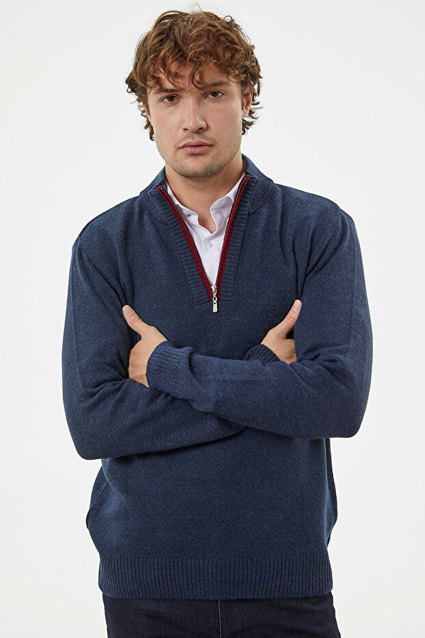 Stand Collar Zippered Sweater - Navy Blue