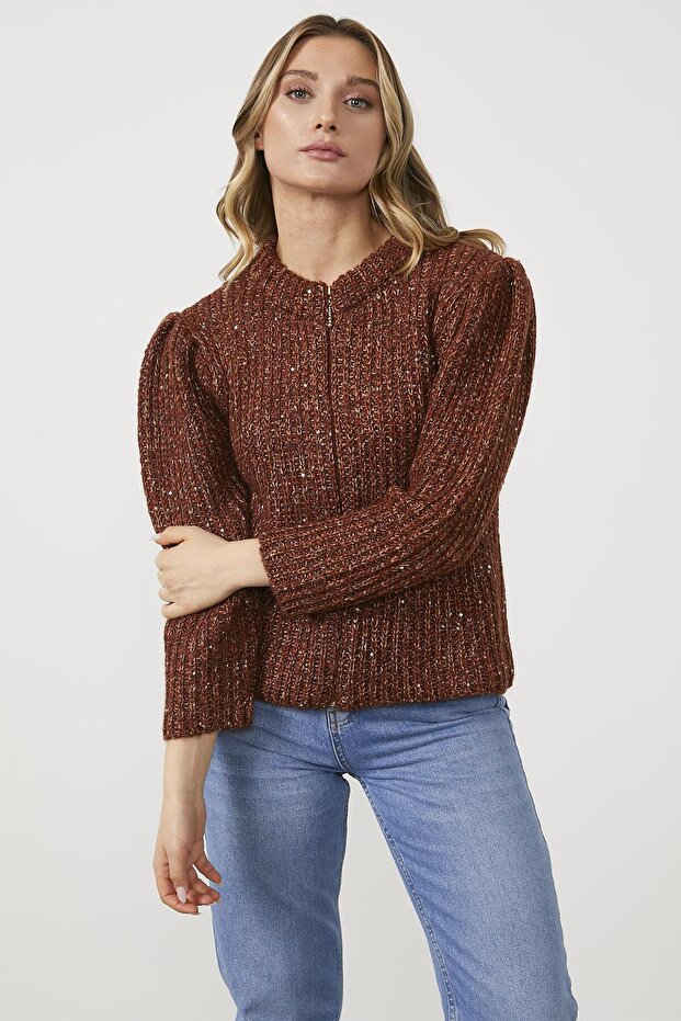 Pullu Fermuarlı Triko Hırka - Kahve - 3
