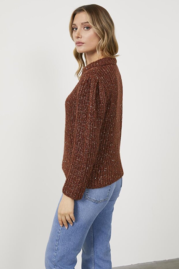 Pullu Fermuarlı Triko Hırka - Kahve - 4