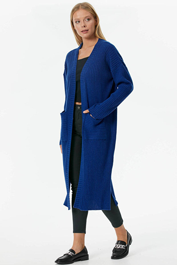 Oversize Uzun Triko Hırka - Saks - 5