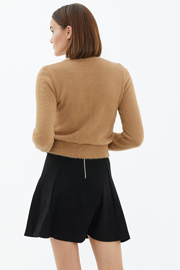 V Yaka Düğmeli Triko Hırka - Kamel - 4