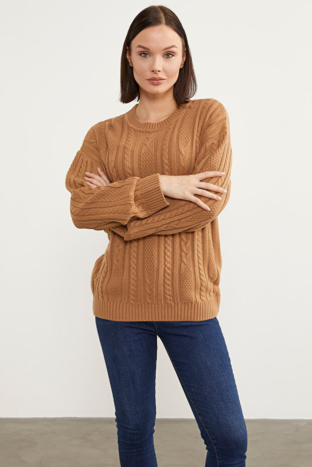 Saç Örgü Detaylı Basic Triko Kazak - Kamel - 4