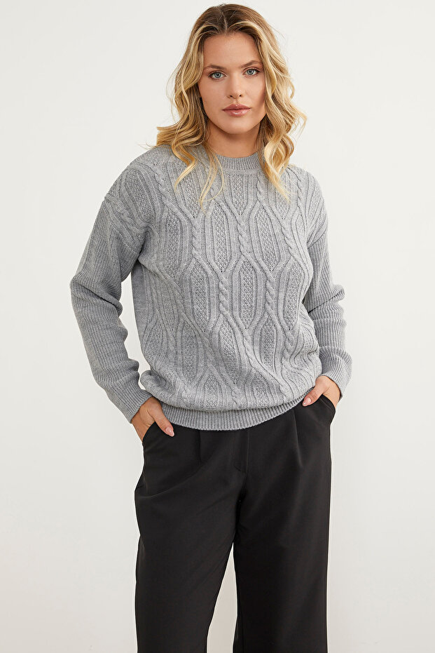 سترة تريكو منقوشة كبيرة الحجم - رمادي - 1