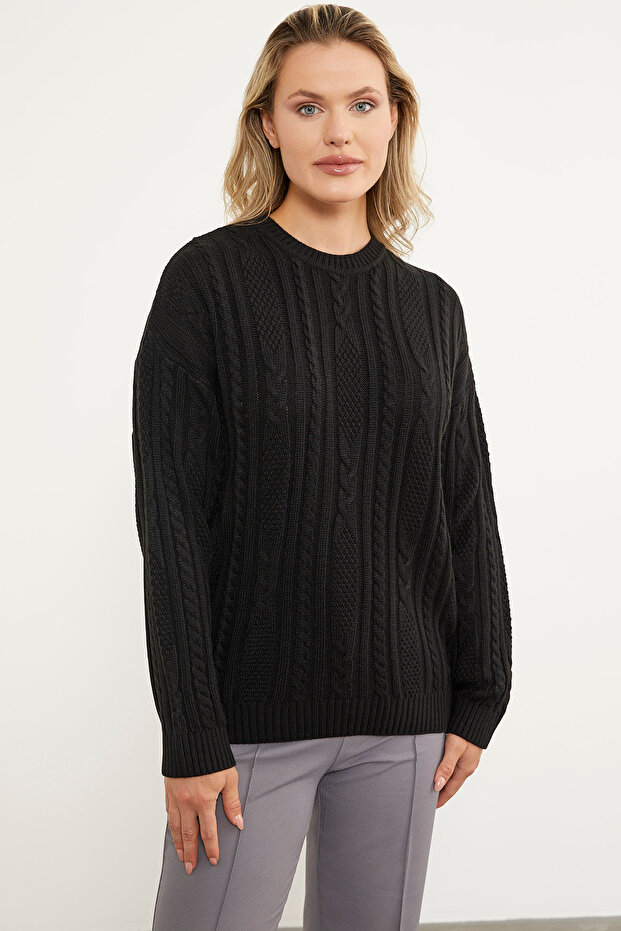 Saç Örgü Detaylı Basic Triko Kazak - Siyah - 1