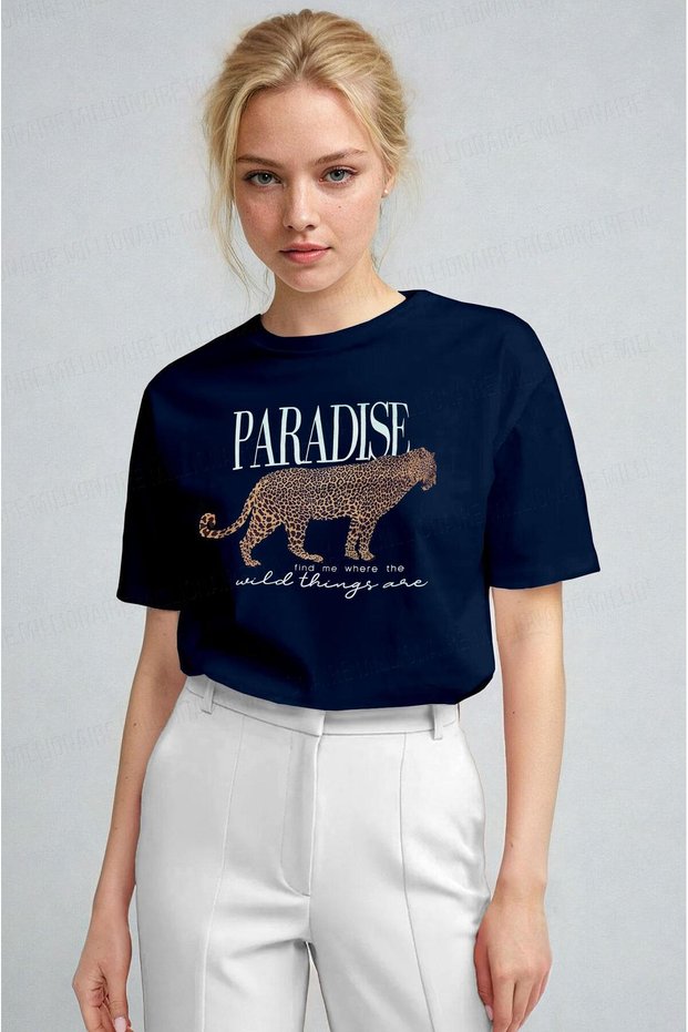 Women's Navy Blue Paradise Leopard Women's Short Sleeve Relax Fit Comfortable Cut Regular T-Shirt