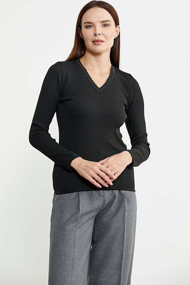 Fitilli V Yaka Basic Triko Kazak - Siyah - 1