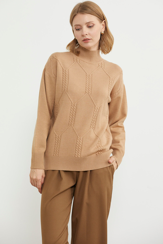 سترة تريكو أساسية بنمط نصف صياد السمك - بيج - 4