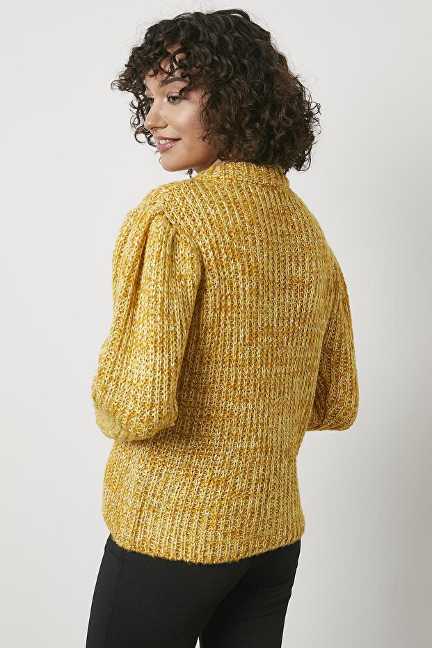 Pullu Fermuarlı Triko Hırka - Sarı - 3