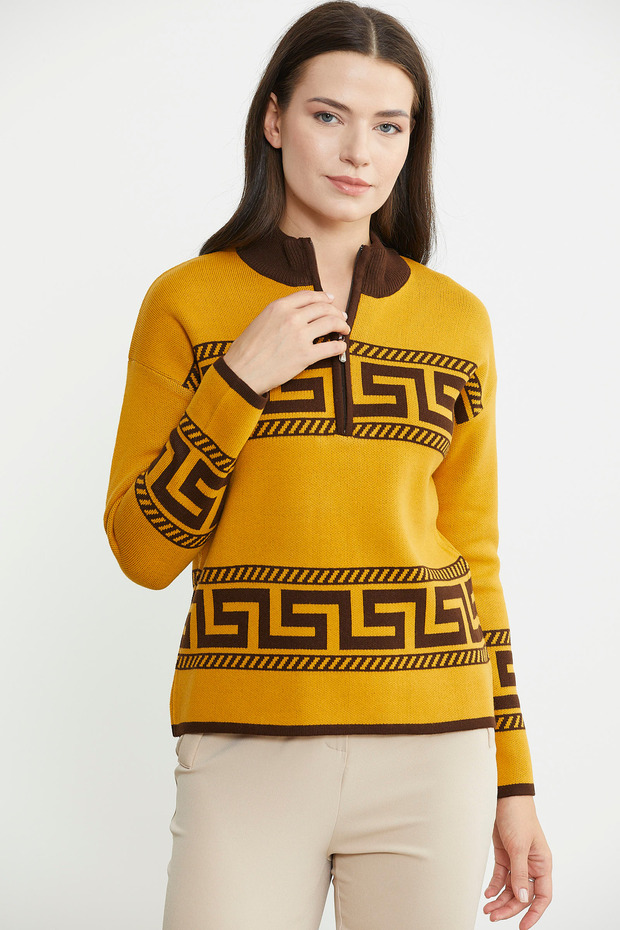 Block Patterned High Neck Knit Sweater - Güneş - 2