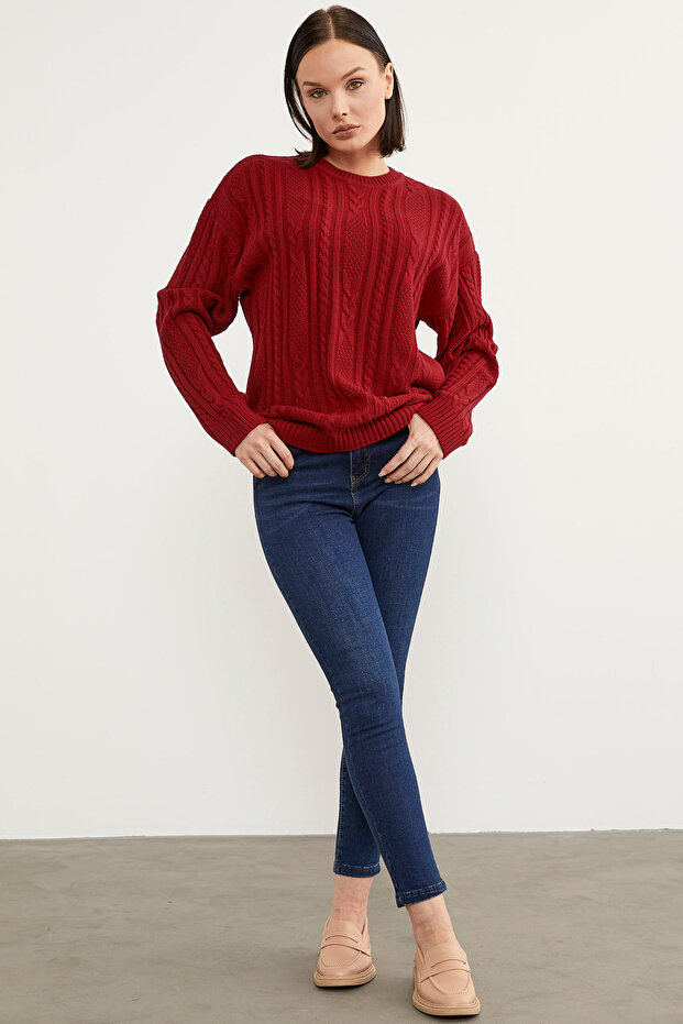 Saç Örgü Detaylı Basic Triko Kazak - Kırmızı - 3