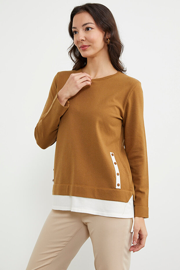 Etek Ucu Parçalı Triko Kazak - Kamel - 5