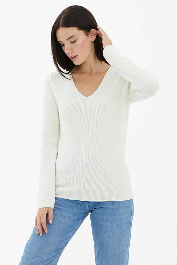 V Yaka Basic Triko Kazak - Ekru - 2