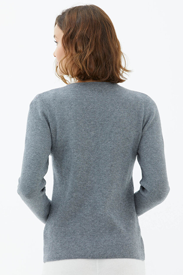 V Yaka Basic Triko Kazak - Koyu Gri - 4