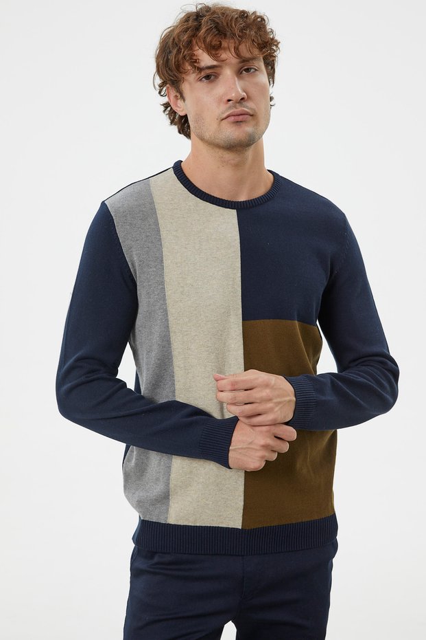 Multicolored Block Pattern Knitwear Sweater - Navy Blue