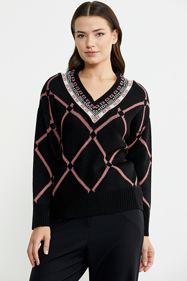 Jacquard Multi-Pattern Wool Knit Sweater - Black - 4