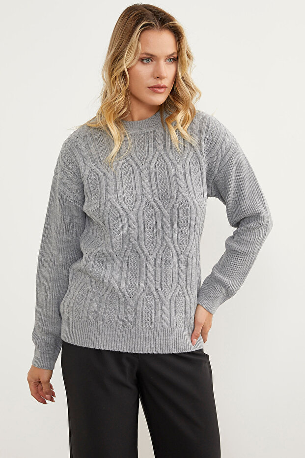 سترة تريكو منقوشة كبيرة الحجم - رمادي - 3