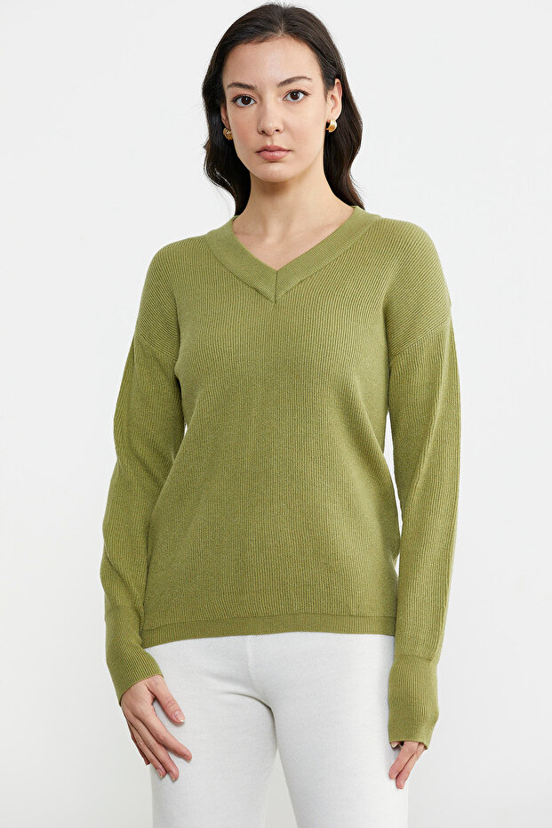 V-Neck Knitwear Sweater - Green