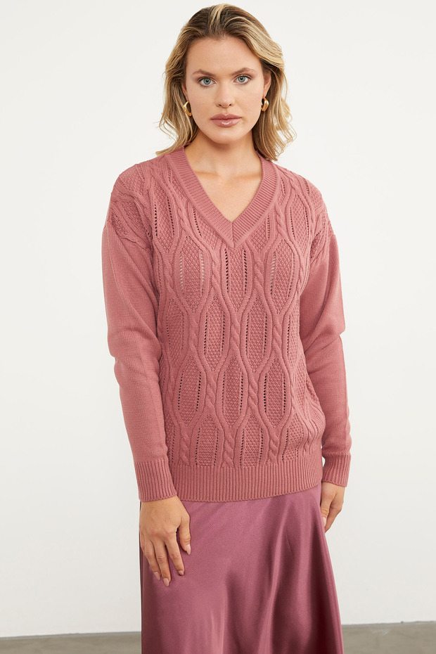 V-Neck Motif Knitwear Sweater - Rose