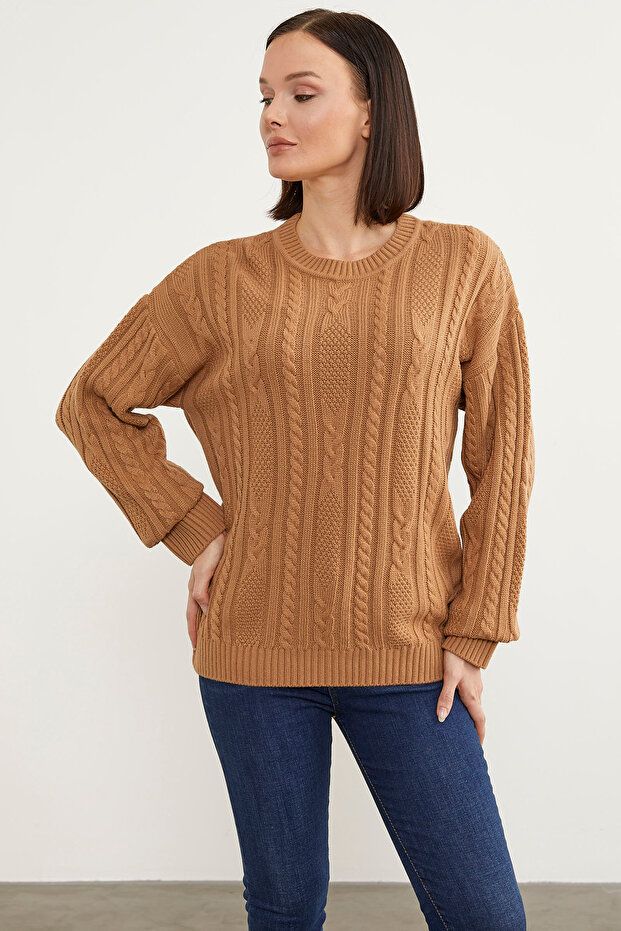 Saç Örgü Detaylı Basic Triko Kazak - Kamel - 3
