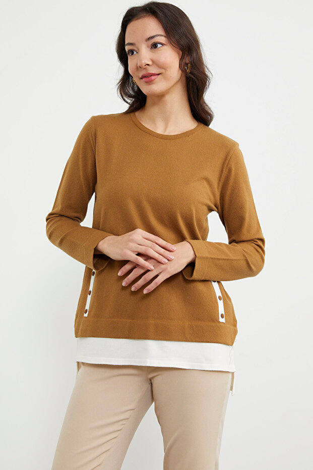 Etek Ucu Parçalı Triko Kazak - Kamel - 3