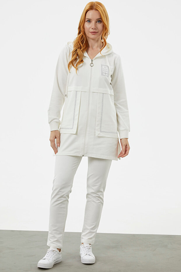 Hooded Piping Detailed Zippered Tracksuit Set - Ecru