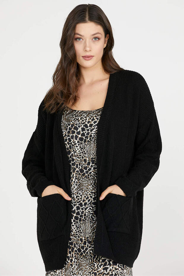 Cepli Uzun Triko Hırka - Siyah - 2