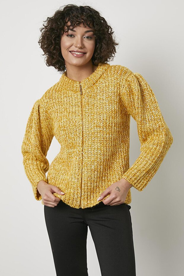 Pullu Fermuarlı Triko Hırka - Sarı - 2