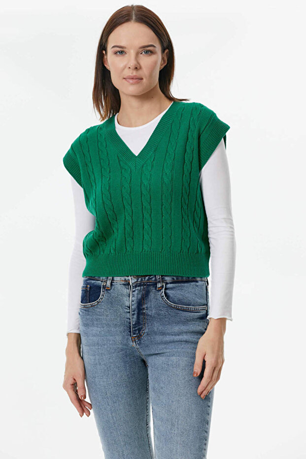 V-Neck Braided Knitwear Sweater - Green
