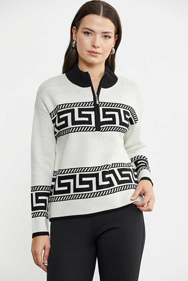 Block Patterned High Neck Knit Sweater - Bone Color