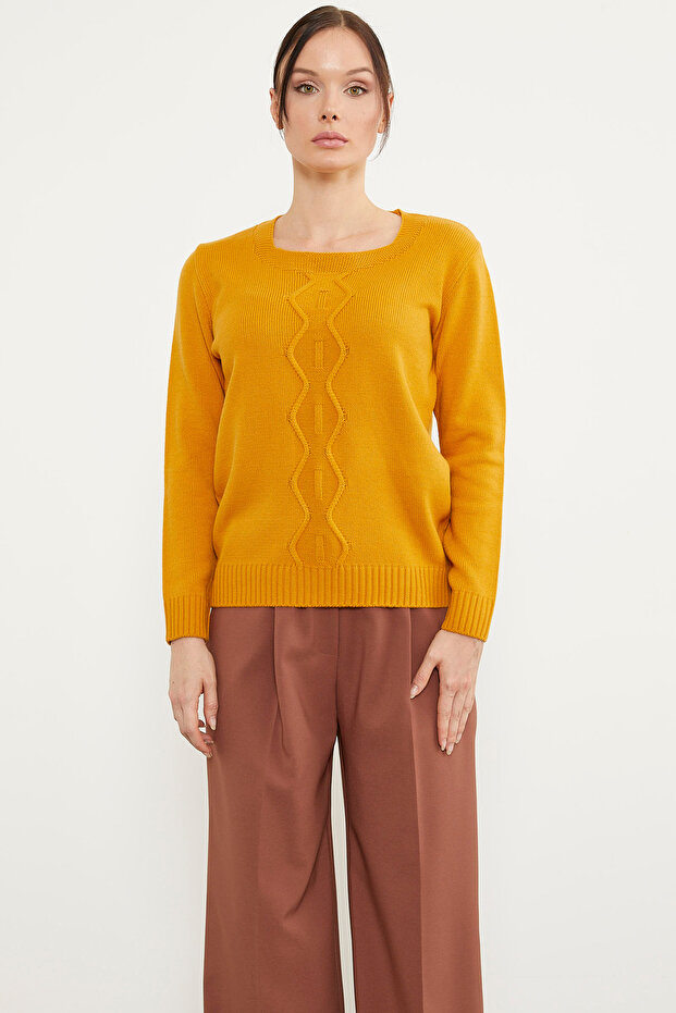 Önü Örgü Detaylı Triko Basic Kazak - Güneş - 3
