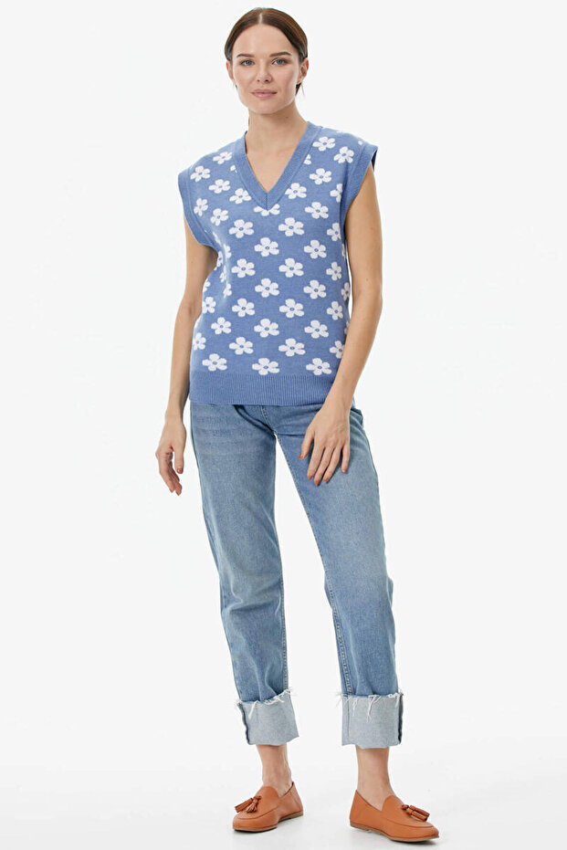 V-Neck Floral Motif Knitwear Sweater - Blue