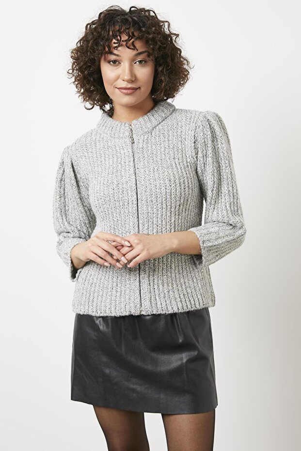 Sequined Zippered Knitwear Cardigan - Gray