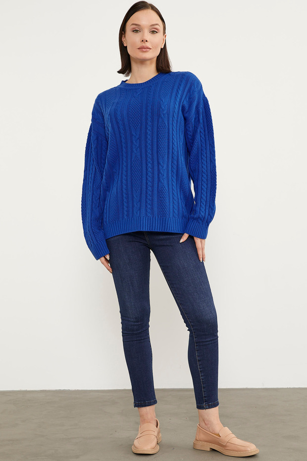 Saç Örgü Detaylı Basic Triko Kazak - Saks - 1